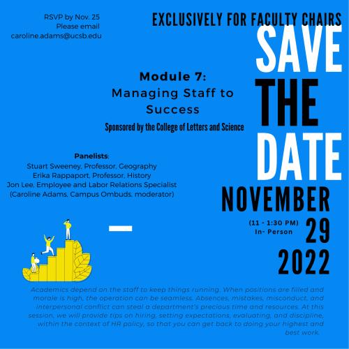 Save the date flyer promoting OMBUDS Module 7 entitled Managing Staff to Success