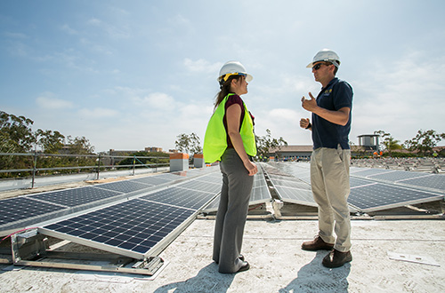 Image of workers on talking near solar panels 
