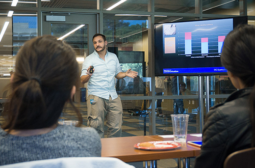 Image of a man giving a presentation using a screen 
