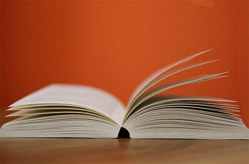 Image of an open faced book with a red background